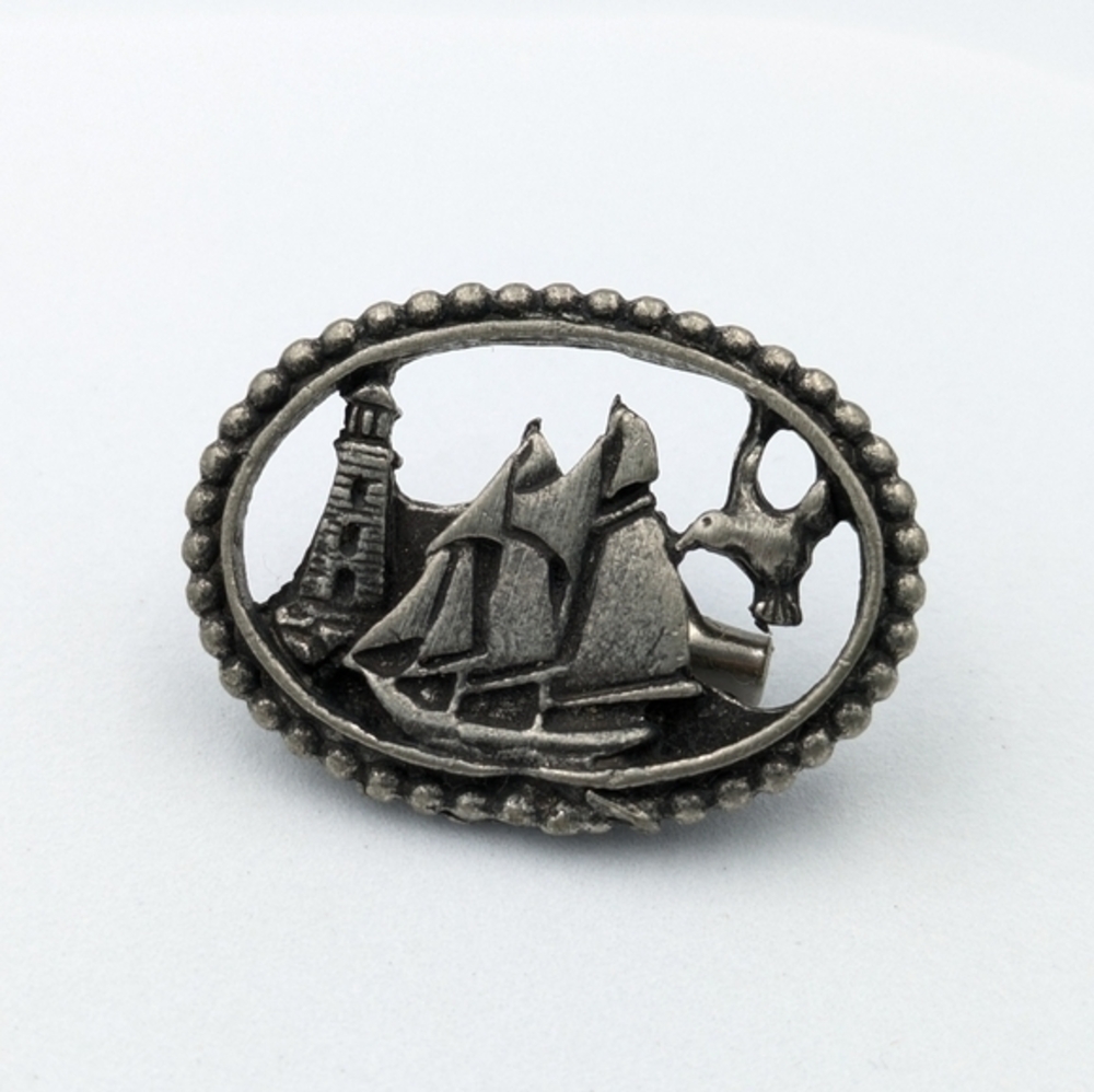 Vintage pewter sea side lighthouse scene brooch pin